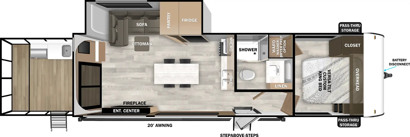 The Wildwood Southwest T32VERANDA has two entries and one slide out. Exterior features include: metal or fiberglass exterior, 20' awning and outside kitchen. Interiors features include: front bedroom.